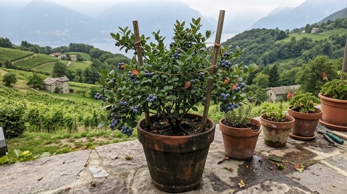 Cespuglio di mirtilli carico di bacche blu in un vaso di terracotta su un terrazzo di montagna con foschia mattutina