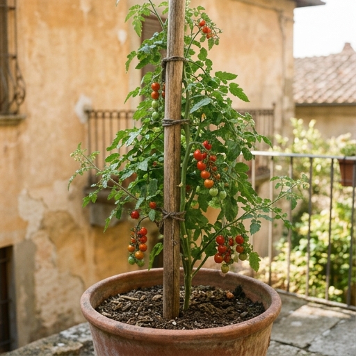 Coltivare Pomodori, Basilico e Peperoni in Vaso 6 Pianta di pomodoro ciliegino in vaso con tutore su un balcone