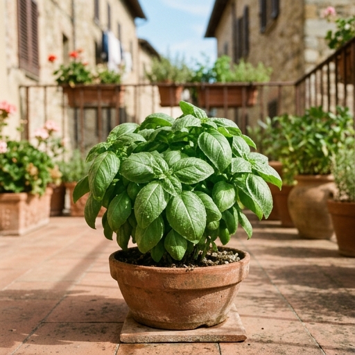 Coltivare Pomodori, Basilico e Peperoni in Vaso 7 Pianta di basilico verde e rigoglioso coltivata in vaso