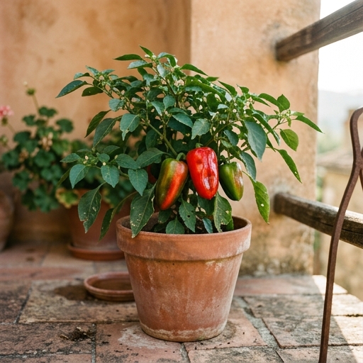 Coltivare Pomodori, Basilico e Peperoni in Vaso 8 Pianta di peperone in vaso con frutti che maturano dal verde al rosso