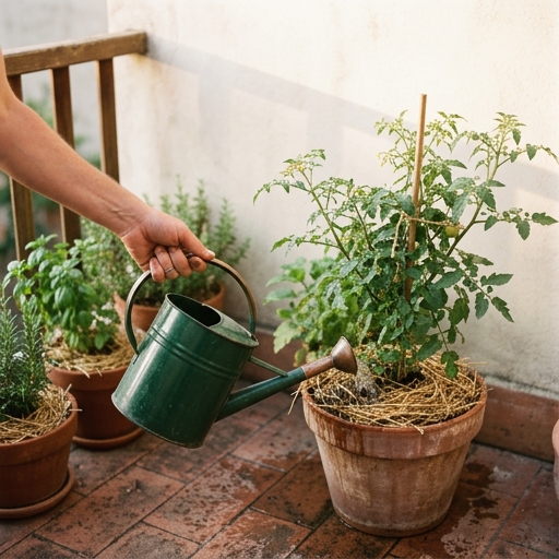 Coltivare Pomodori, Basilico e Peperoni in Vaso 13 Annaffiatura al mattino dei vasi dell'orto sul balcone con pacciamatura di paglia