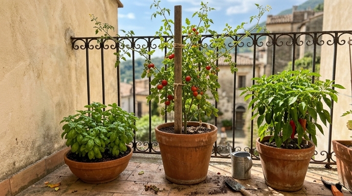 Pomodori, basilico e peperoni coltivati in vasi di terracotta su un balcone italiano soleggiato