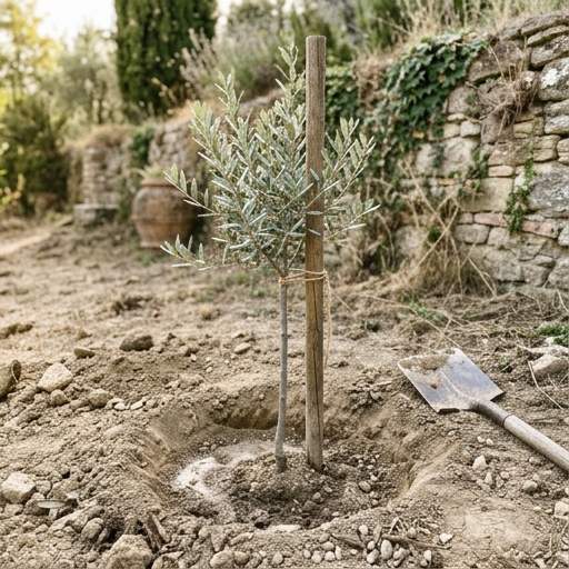 Coltivare l'Ulivo in Giardino: Guida per Principianti 7 Giovane olivo appena messo a dimora in una buca di terra con tutore di legno e piccola conca per l'acqua