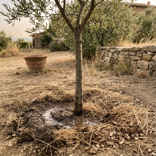 Coltivare l'Ulivo in Giardino: Guida per Principianti 8 Giovane olivo in giardino con pacciamatura di paglia attorno al tronco e terreno asciutto sotto il sole estivo