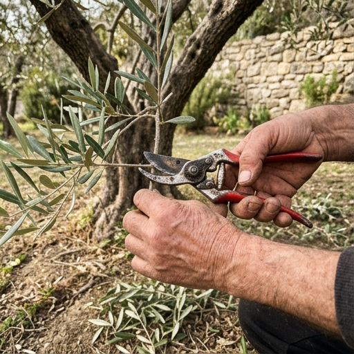 Coltivare l'Ulivo in Giardino: Guida per Principianti 9 Mani che potano un ramo di olivo con cesoie, primo piano sui rami con foglie argentate
