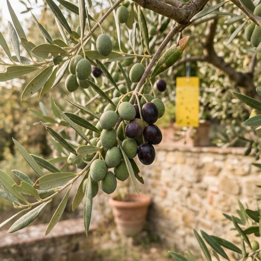 Coltivare l'Ulivo in Giardino: Guida per Principianti 10 Rami di olivo carichi di olive in maturazione, alcune verdi e altre scure, con foglie argentate al sole