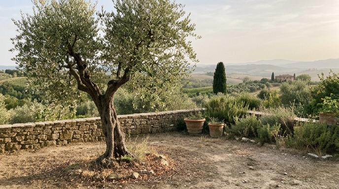 Ulivo con foglie argentate e tronco nodoso in un giardino toscano con muretto in pietra e colline sullo sfondo