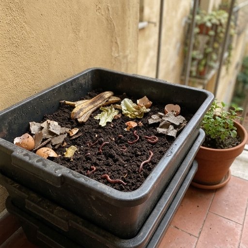 Vermicompostiera a piani aperta con lombrichi rossi e humus scuro tra scarti di cucina, su un balcone italiano