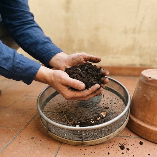 Mani che mostrano una manciata di compost maturo scuro e sbriciolabile sopra un setaccio, su un balcone in cotto