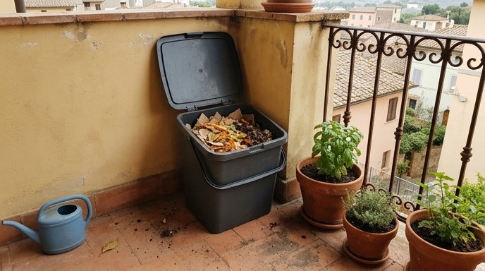 Compostiera scura in un angolo di balcone in cotto accanto a una ringhiera in ferro battuto e vasi di terracotta