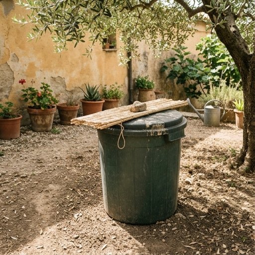 Compostiera in mezz'ombra sotto la chioma rada di un albero da frutto vicino a un muro intonacato in un giardino estivo