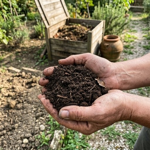 Mani che tengono compost maturo scuro e friabile, terriccio pronto profumato di sottobosco, in un orto estivo italiano