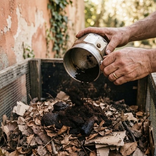Fondi di caffè umidi versati da una moka sopra uno strato di foglie secche dentro una compostiera
