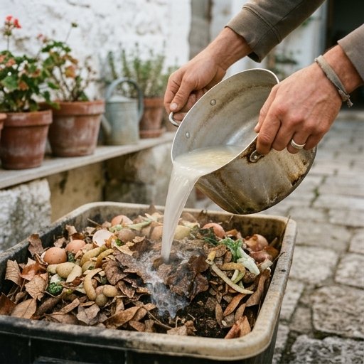 Acqua di cottura della pasta non salata versata da una pentola sopra un cumulo di compost asciutto