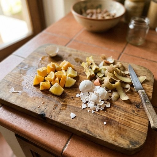 Bucce di arancia e limone tagliate a pezzetti accanto a gusci d'uovo sbriciolati e scarti di verdura su un tagliere