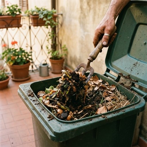 Mani che rivoltano con un forcone gli strati di verde e marrone dentro una compostiera da balcone