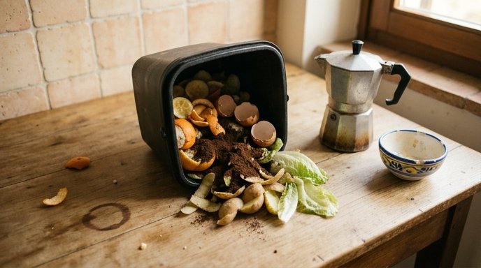 Secchiello da compost su un tavolo di legno con fondi di caffè, bucce di agrumi, gusci d'uovo e scarti di verdura