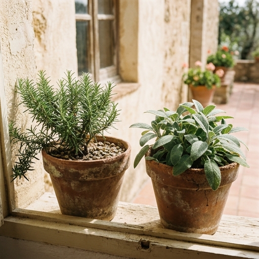Rosmarino e salvia coltivati in vasi di terracotta, aromatiche mediterranee