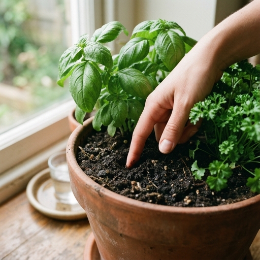 Controllo dell'umidità del terriccio in una cassetta di erbe aromatiche con un dito