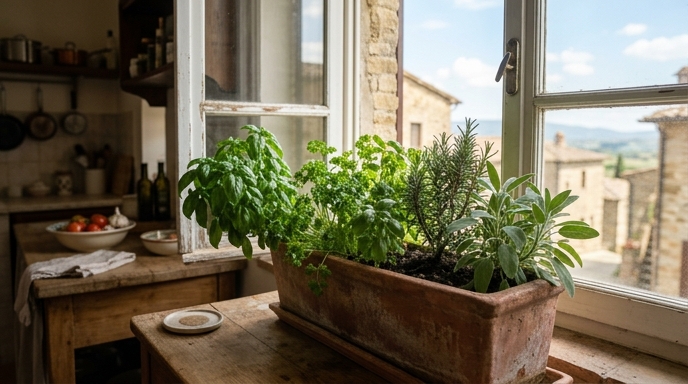 Cassetta di erbe aromatiche con basilico, prezzemolo, rosmarino e salvia sul davanzale di una cucina