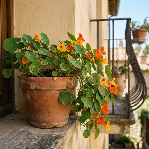 Nasturzio dai fiori arancioni e foglie tonde che ricade dal bordo di un vaso di terracotta su un balcone