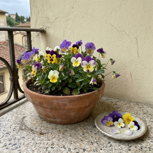 Viole del pensiero viola, gialle e bianche in una fioriera di terracotta, con alcuni petali su un piattino