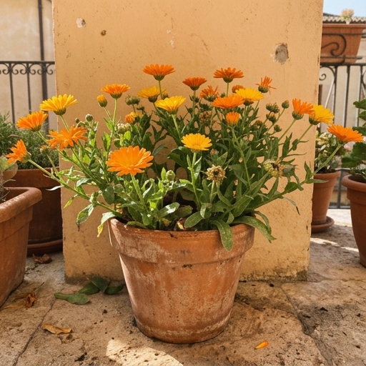 Calendula dai capolini arancioni e gialli in un vaso di terracotta al sole su un balcone mediterraneo