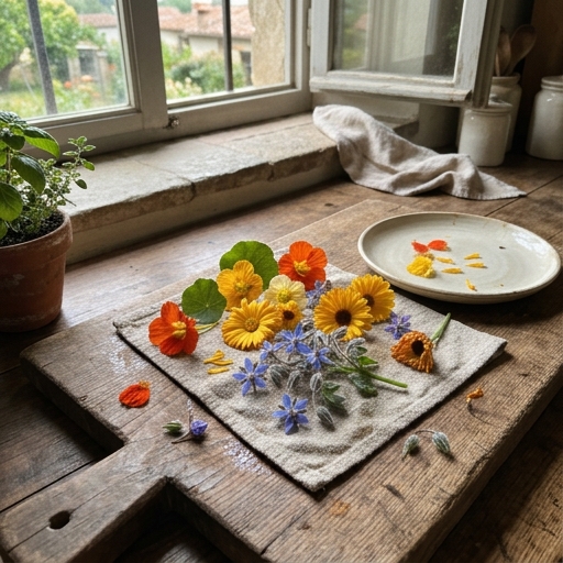 Fiori commestibili appena raccolti, nasturzi calendule e borragine, su un panno umido accanto a un piatto rustico