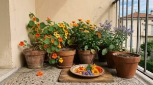 Vasi di terracotta con nasturzi, calendule e borragine fioriti su un davanzale, con petali sparsi su un piatto rustico