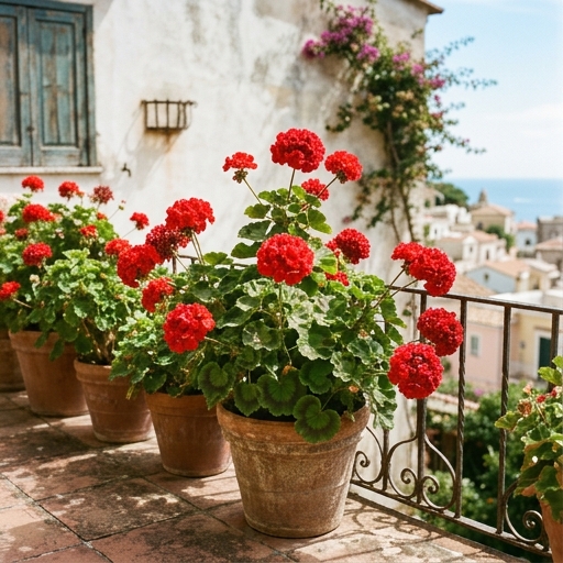 Gerani zonali in vasi di terracotta su un balcone esposto al sole