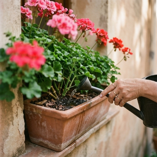 Annaffiatura dei gerani alla base, mai sui fiori, su un balcone