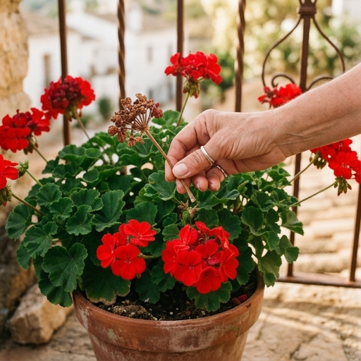 Mano che rimuove un fiore di geranio appassito staccando lo stelo alla base