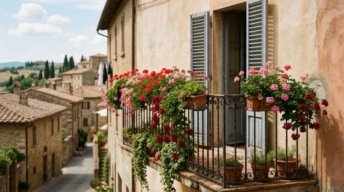 Gerani rossi in piena fioritura che ricadono da una fioriera sulla ringhiera di un balcone italiano
