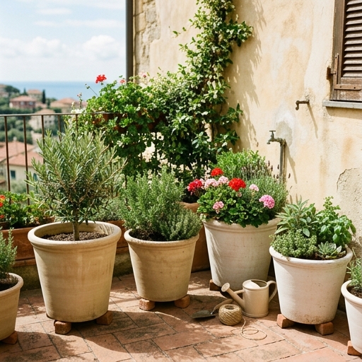 Grandi vasi di colore chiaro sollevati da terra con piedini su un balcone caldo