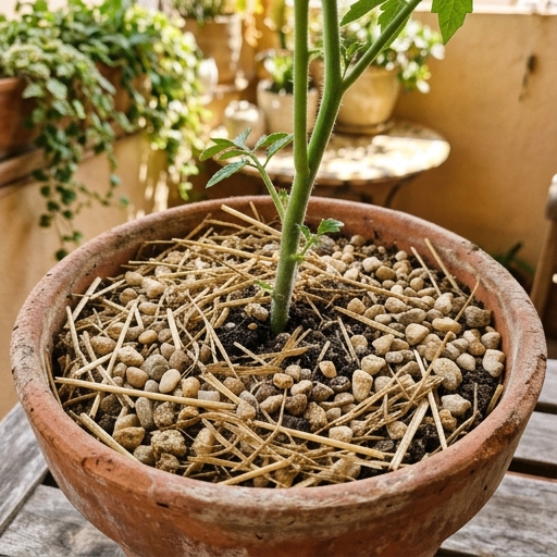 Pacciamatura di paglia e ghiaia chiara sulla superficie del terriccio di un vaso