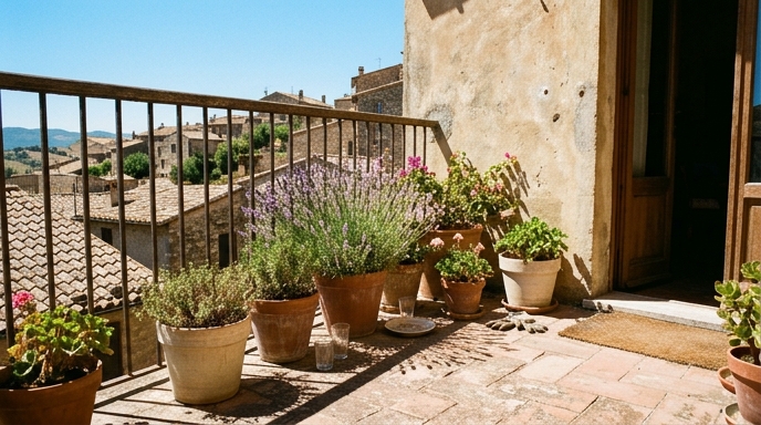 Balcone assolato in piena estate con lavanda e piante mediterranee resistenti al caldo in vaso