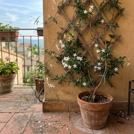 Gelsomino rampicante con foglie verdi e piccoli fiori bianchi su un traliccio di legno