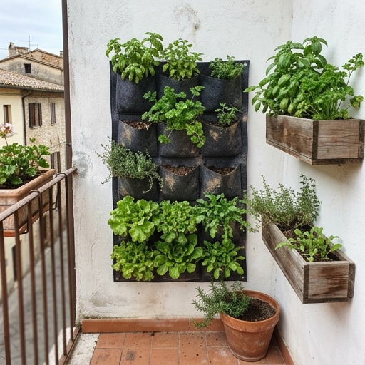 Tasche e cassette a parete con basilico, prezzemolo e lattughe da taglio su un balcone
