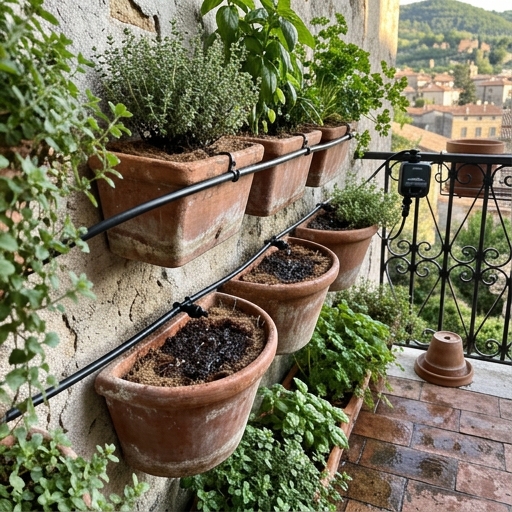 Tubo a goccia con gocciolatori che corre lungo le fioriere a parete di un giardino verticale