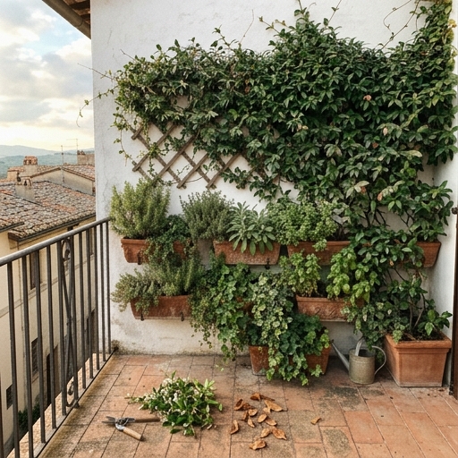 Parete verde rigogliosa su un balcone con rampicanti, aromatiche ed edera ben curate
