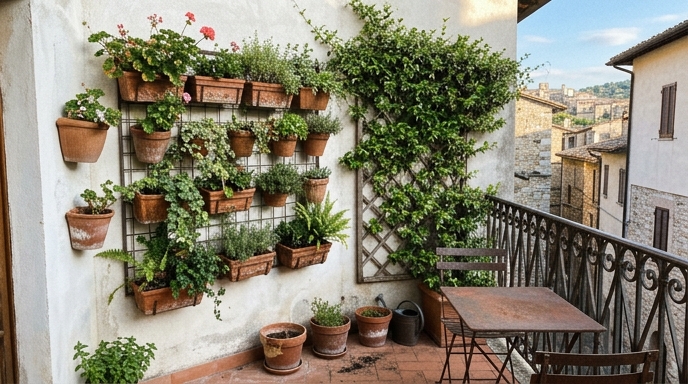 Parete di un piccolo balcone coperta da fioriere a parete e piante rampicanti verdi