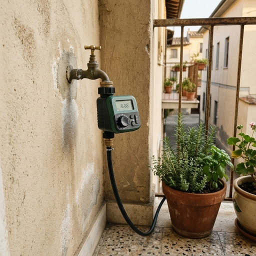 Timer programmatore in plastica avvitato su un rubinetto da balcone, con tubo dell'impianto a goccia collegato.