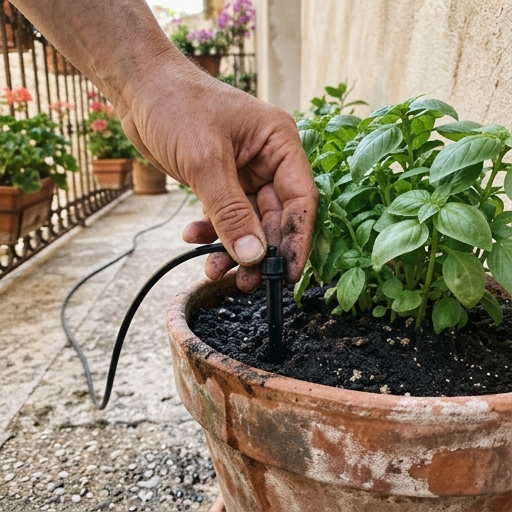 Una mano spinge un gocciolatore con tubicino capillare nel terriccio di un vaso di terracotta con basilico.