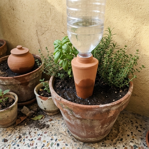 Cono di terracotta autoinnaffiante con bottiglia di plastica capovolta da 1,5 litri nel terriccio di un vaso di cotto.