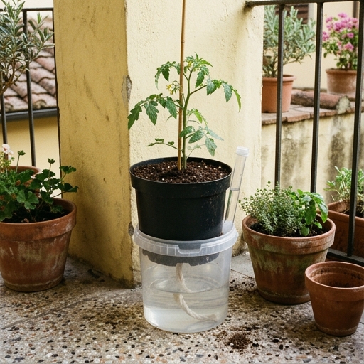 Vaso autoinnaffiante fai da te con due contenitori incastrati e tubicino laterale per rabboccare la riserva d'acqua.