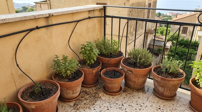 Balcone con vasi di terracotta collegati a un impianto a goccia con tubicini lungo la ringhiera in ferro battuto.