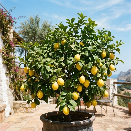 Limoni in Vaso: Come Coltivarli alla Maniera Italiana 7 Chioma di limone in pieno sole con frutti gialli su una terrazza