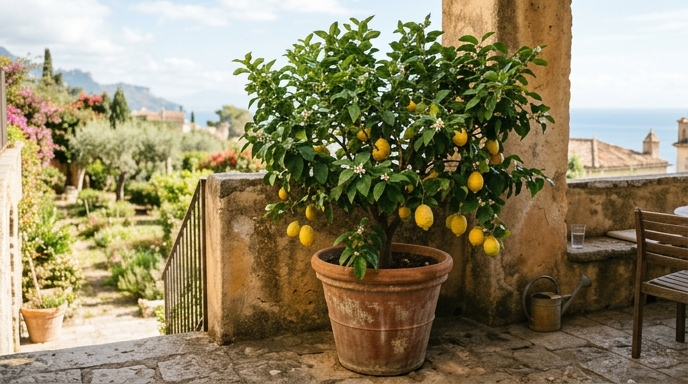 Albero di limone in un grande vaso di terracotta con frutti maturi su una terrazza italiana