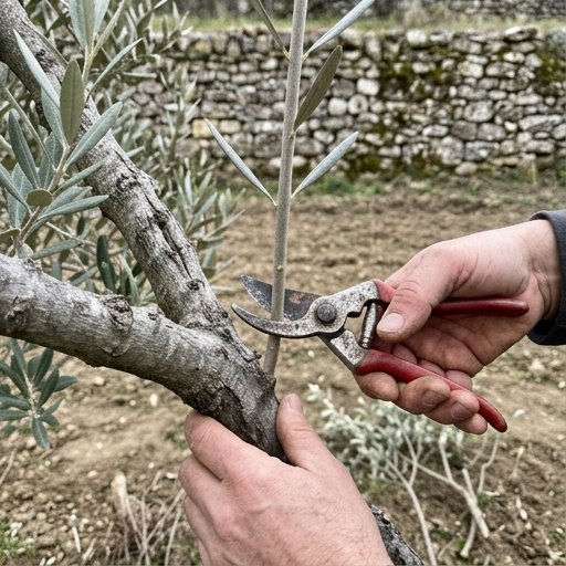 Mani con cesoie che tagliano un succhione verticale di ulivo a fine inverno in un orto italiano