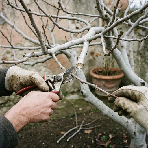 Rami spogli di fico in inverno con cesoie che tagliano un ramo interno in un giardino italiano